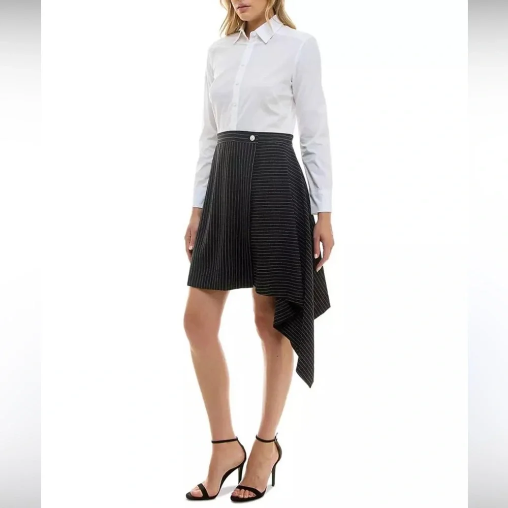 Taylor Women's Mixed Media Side Draped Pinstripe Shirtdress Size 12 NWT